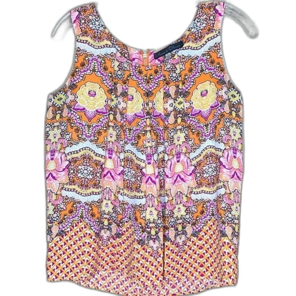 Rose & Olive Floral Boho Sleeveless Blouse Womens Small Multicolor Tank Festival